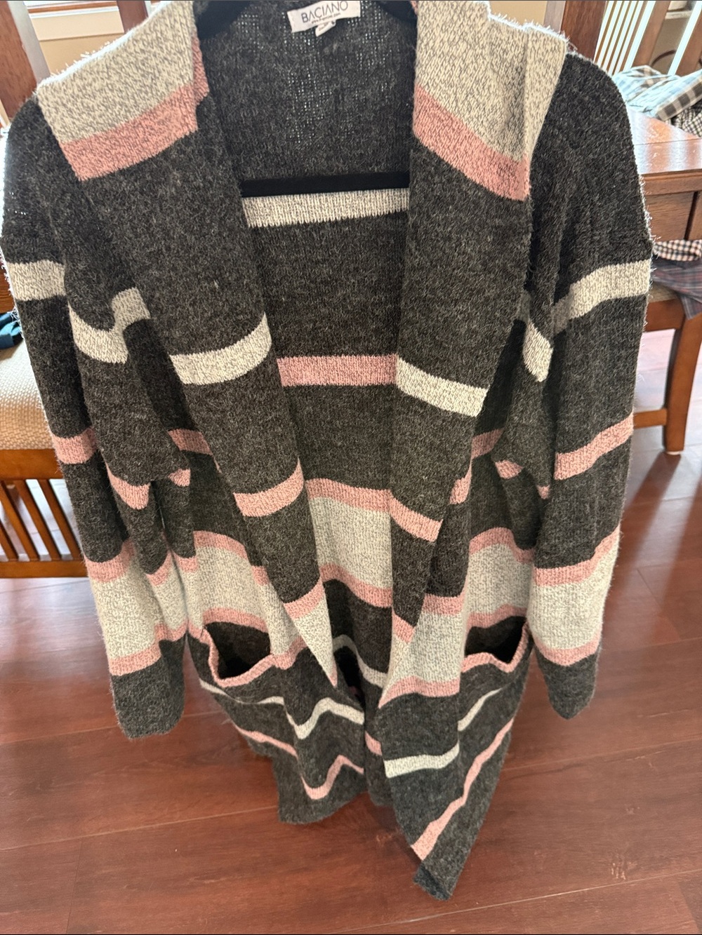 Braciano Open-Front Striped Cardigan - Charcoal, Pink & Cream